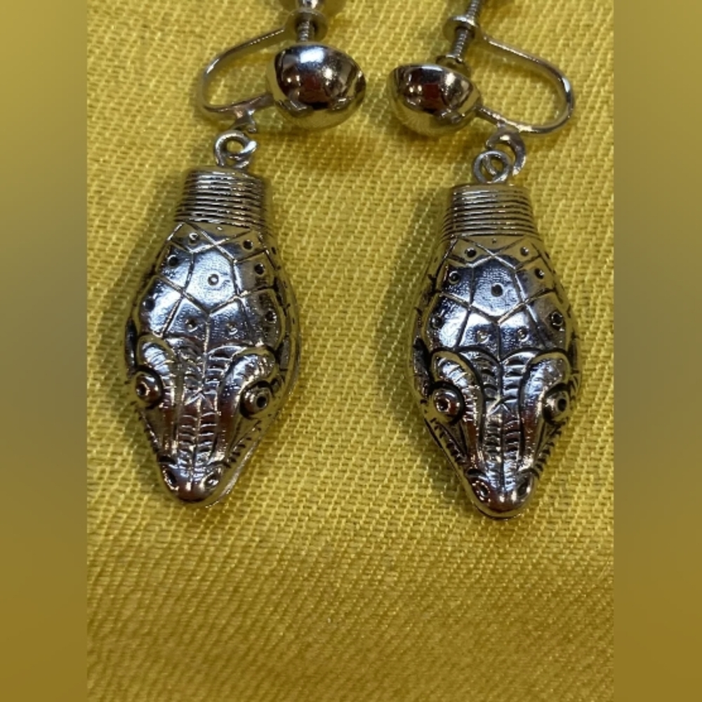 Vintage 1970s Silver Snake Head Earrings by Whiting & Davis